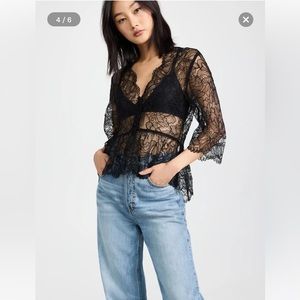 GANNI LIGHT LACE V-NECK BLOUSE